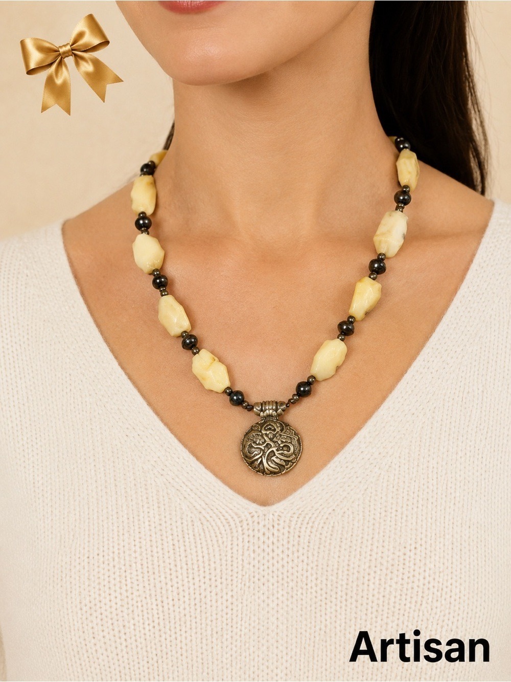 Chunky Quartz & Obsidian Necklace Silver Pendant 20”